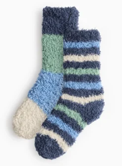 Block Stripe Fluffy Cosy Socks 2 Pack 6-8.5