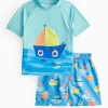 Blue Boat Print Rash Vest & Swim Shorts Set 4 years