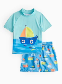 Blue Boat Print Rash Vest & Swim Shorts Set 4 years