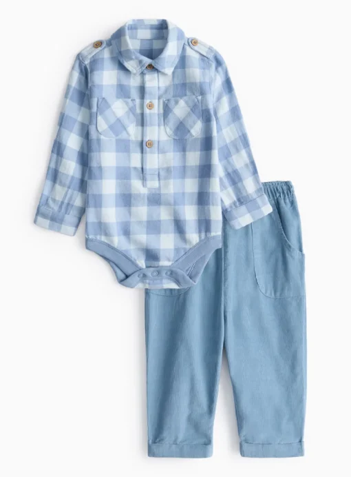 Blue Check Bodysuit & Corduroy Trousers Set 18-24 months