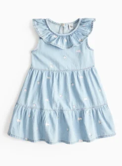 Blue Denim Floral Tiered Chambray Dress 1-2 years