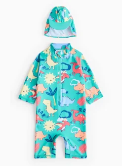 Blue Dino Print Sunsafe Swimsuit & Keppi Hat Set 9-12 months