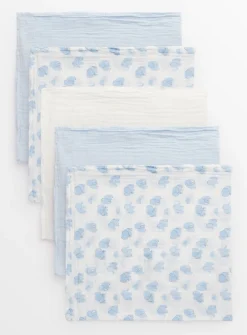 Blue Elephant Print & White Muslin Squares 5 Pack One Size