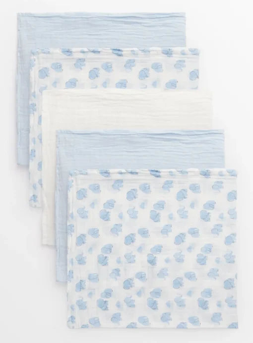 Blue Elephant Print & White Muslin Squares 5 Pack One Size