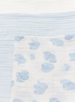 Blue Elephant Print & White Muslin Squares 5 Pack One Size