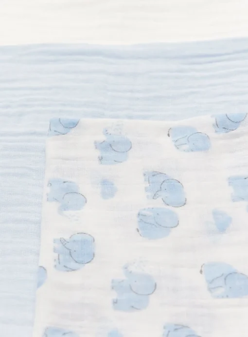 Blue Elephant Print & White Muslin Squares 5 Pack One Size