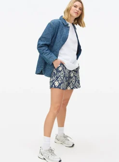 Blue Ikat Printed Crinkle Shorts L