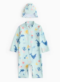 Blue Sea Print Sunsafe Swimsuit & Keppi Hat Set 12-18 months