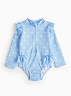 Blue Spot Frill Textured Long Sleeve Swimsuit Up to 3 mths