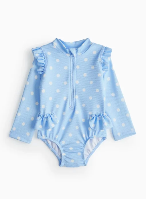 Blue Spot Frill Textured Long Sleeve Swimsuit Up to 3 mths