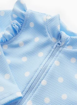 Blue Spot Frill Textured Long Sleeve Swimsuit Up to 3 mths