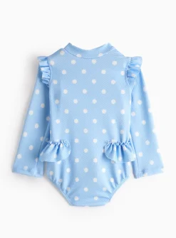 Blue Spot Frill Textured Long Sleeve Swimsuit Up to 3 mths