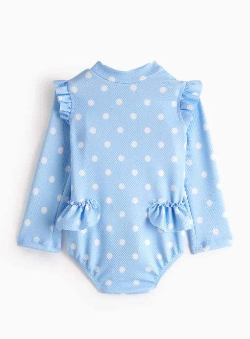 Blue Spot Frill Textured Long Sleeve Swimsuit Up to 3 mths