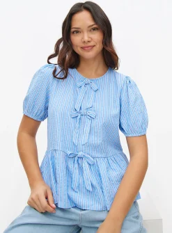 Blue Stripe Bow Front Blouse 18
