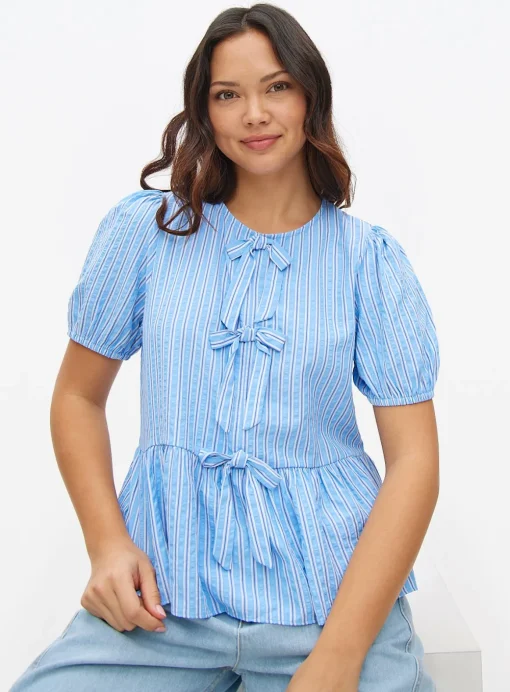 Blue Stripe Bow Front Blouse 18