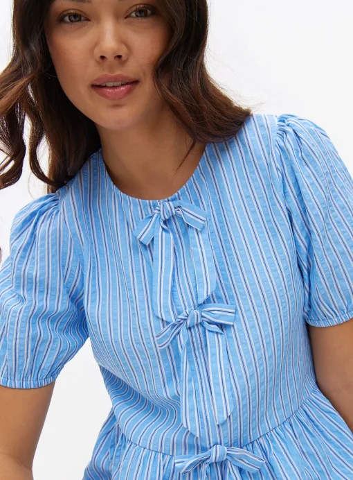 Blue Stripe Bow Front Blouse 18
