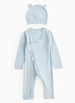 Blue Wrap Front Knitted Romper & Hat 12-18 months
