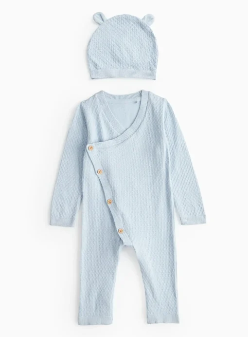 Blue Wrap Front Knitted Romper & Hat 12-18 months