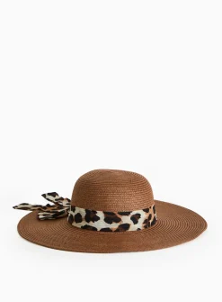 Brown Animal Print Band Straw Sun Hat One Size