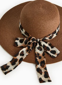 Brown Animal Print Band Straw Sun Hat One Size