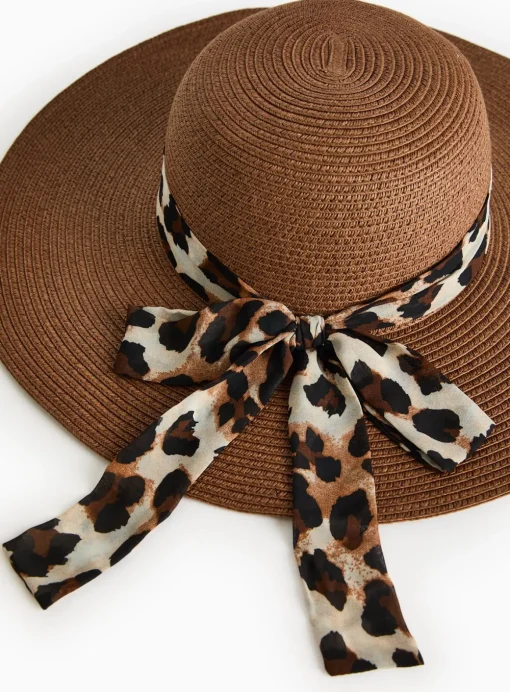 Brown Animal Print Band Straw Sun Hat One Size