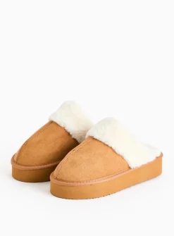 Brown Faux Fur Cuff Platform Mule Slippers M