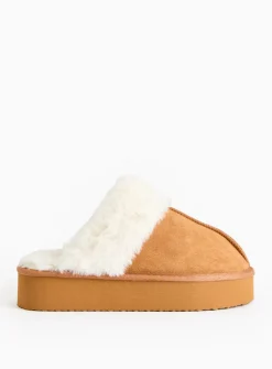 Brown Faux Fur Cuff Platform Mule Slippers M