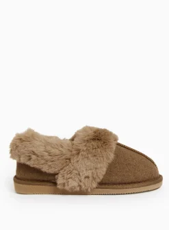 Brown Faux Fur Trim Full Slippers 7