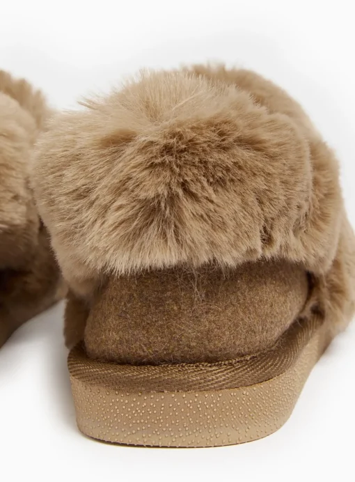 Brown Faux Fur Trim Full Slippers 7