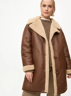 Brown Longline Faux Shearling Coat L