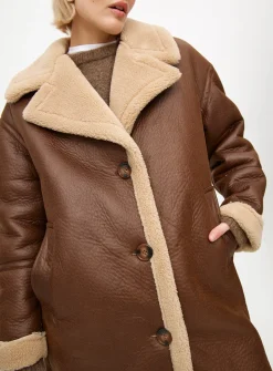 Brown Longline Faux Shearling Coat L