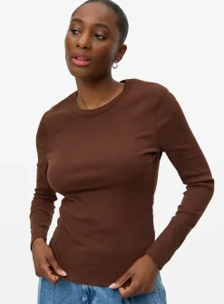 Brown Ribbed Crew Neck Long Sleeve T-Shirt 10