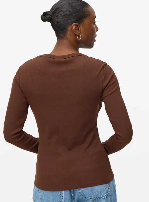 Brown Ribbed Crew Neck Long Sleeve T-Shirt 10