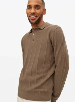 Brown Ribbed Stripe Knitted Polo Jumper M