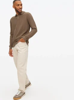 Brown Ribbed Stripe Knitted Polo Jumper M