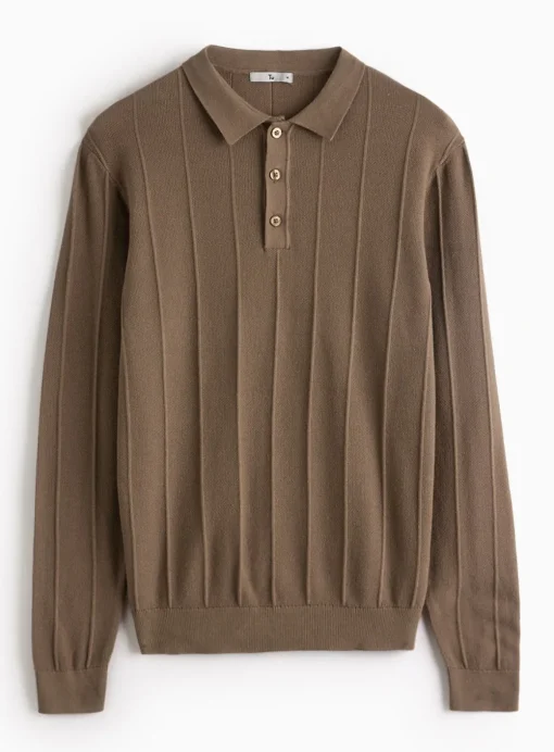 Brown Ribbed Stripe Knitted Polo Jumper M