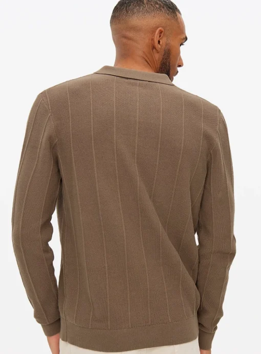 Brown Ribbed Stripe Knitted Polo Jumper M