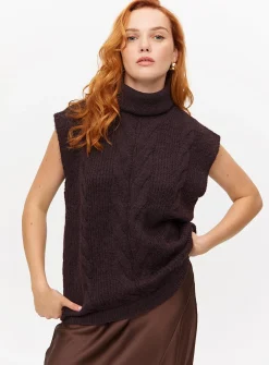 Brown Roll Neck Cable Knitted Tank 16
