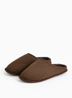 Brown Textured Jersey Mule Slippers M