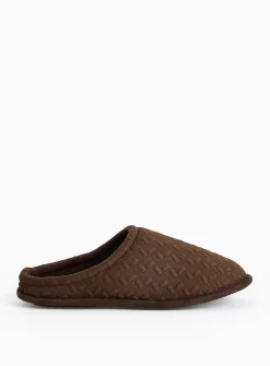 Brown Textured Jersey Mule Slippers M