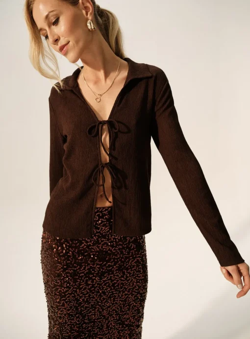 Brown Tie-Front Long Sleeve Top 10