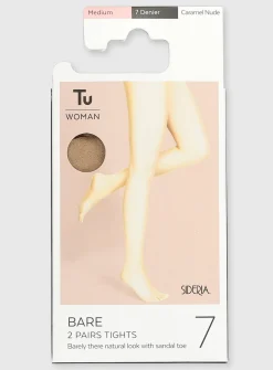 Caramel Nude 7 Denier Bare Tights 2 Pack S