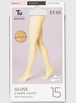 Caramel Nude 15 Denier Gloss Tights 2 Pack S