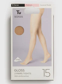 Caramel Nude 15 Denier Gloss Tights 2 Pack M