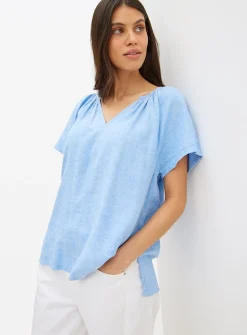 Chambray Blue Gather Linen Blend Blouse 24