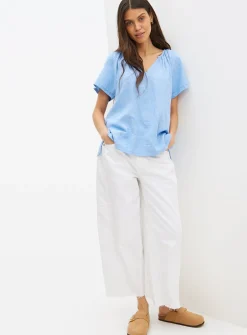 Chambray Blue Gather Linen Blend Blouse 24