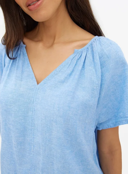 Chambray Blue Gather Linen Blend Blouse 24