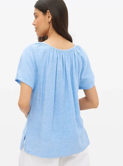Chambray Blue Gather Linen Blend Blouse 24