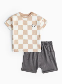 Checker Board T-Shirt & Grey Shorts Set 9-12 months