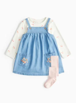 Cherry Print & Floral Denim Pinafore Dress Set 18-24 months